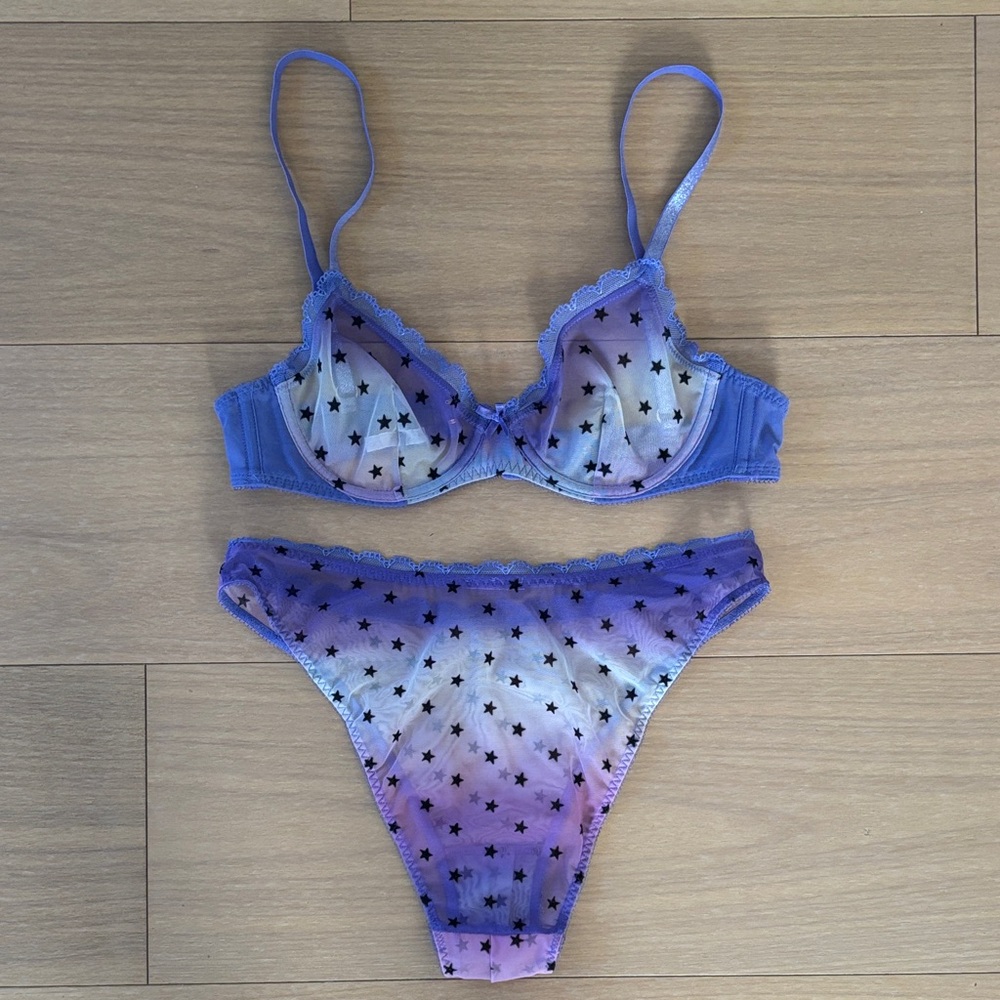 Savage X Fenty Blue Star Patterned Sheer Wire Bra and Panties Set